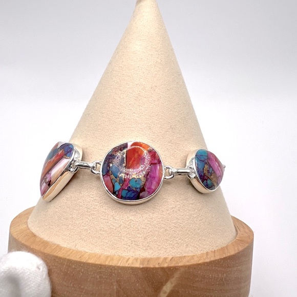 Pink Oyster Turquoise .925 Sterling Silver Bracelet - Picture 15 of 17